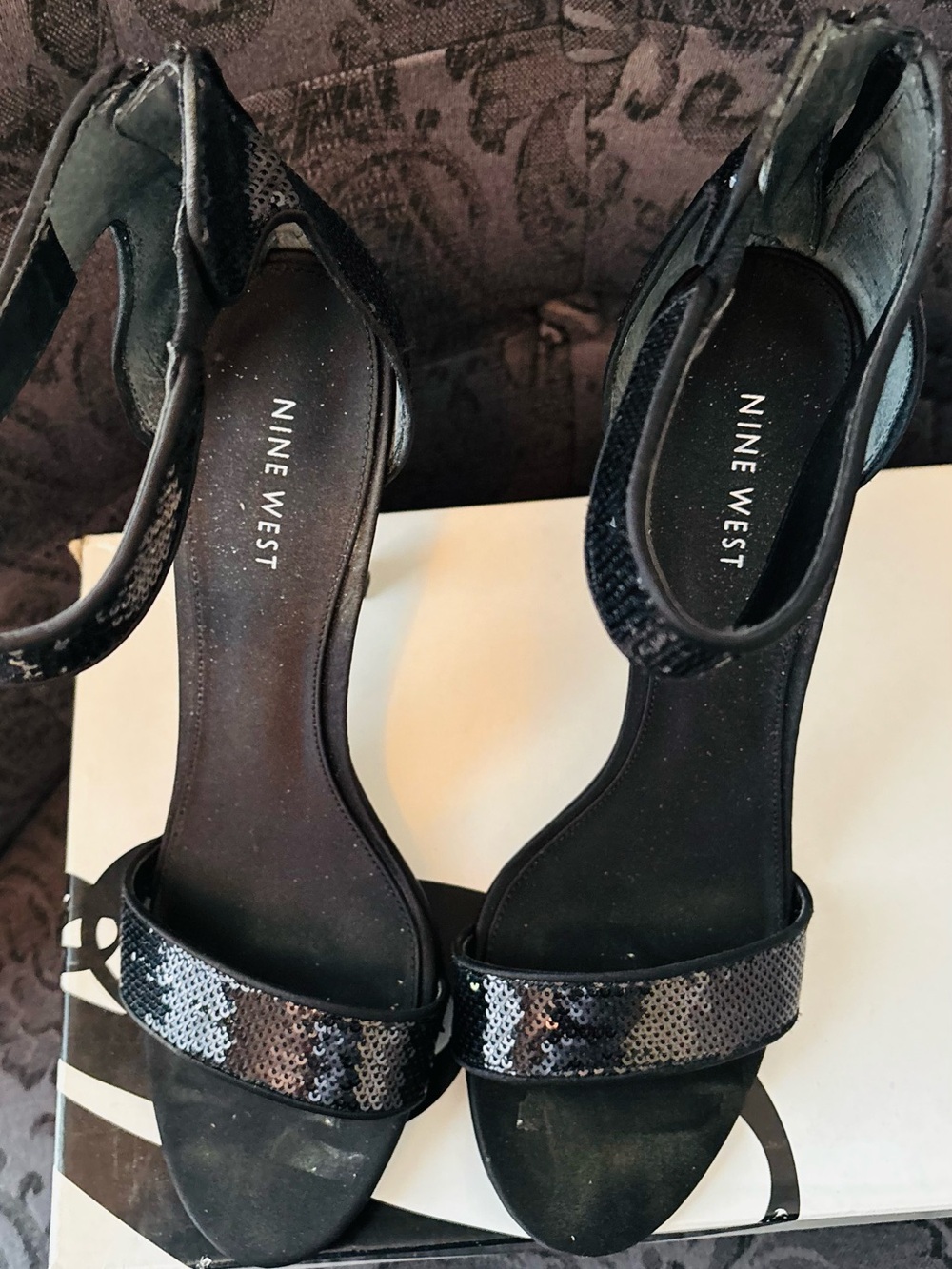 Nine West Black Sequin Ankle Strap Heels | Size 9.5 | Evening Sandals
